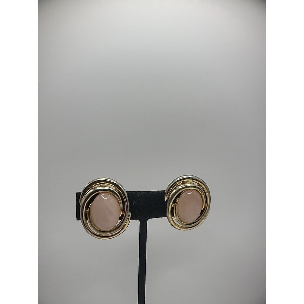 Vintage Earrings Clip‎ On Huggie Gold Tone Swirl Pink Cabochon Jewelry Costume